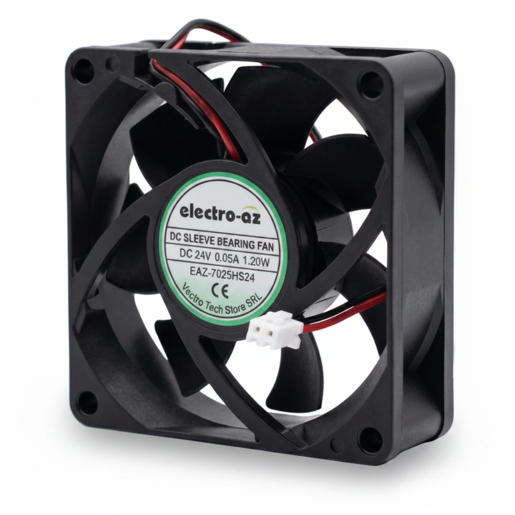 Ventilator DC 24V tip cooler 70x70x25 mm vazut din unghi lateral, cu cablu bicolor