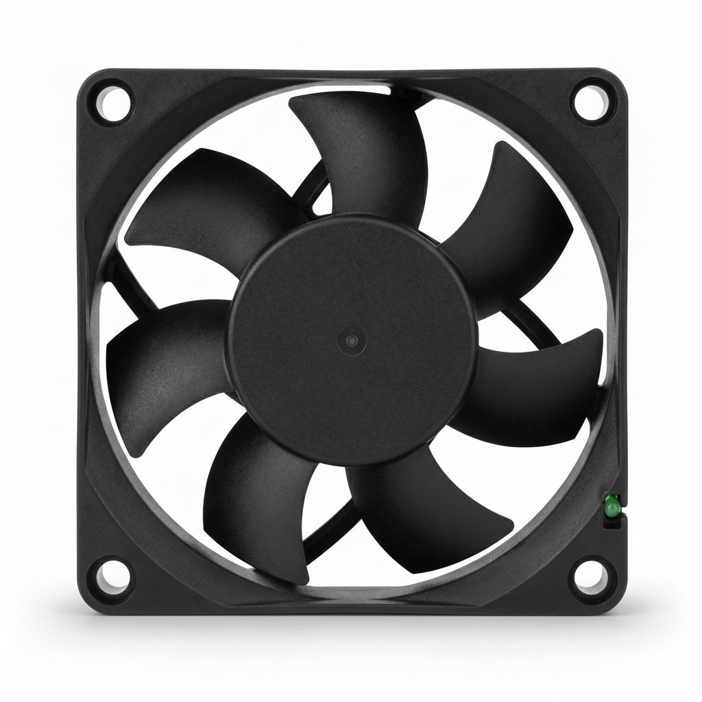Ventilator DC cooler 70x70 mm, vedere frontala cu pale si gauri de montaj in colturi