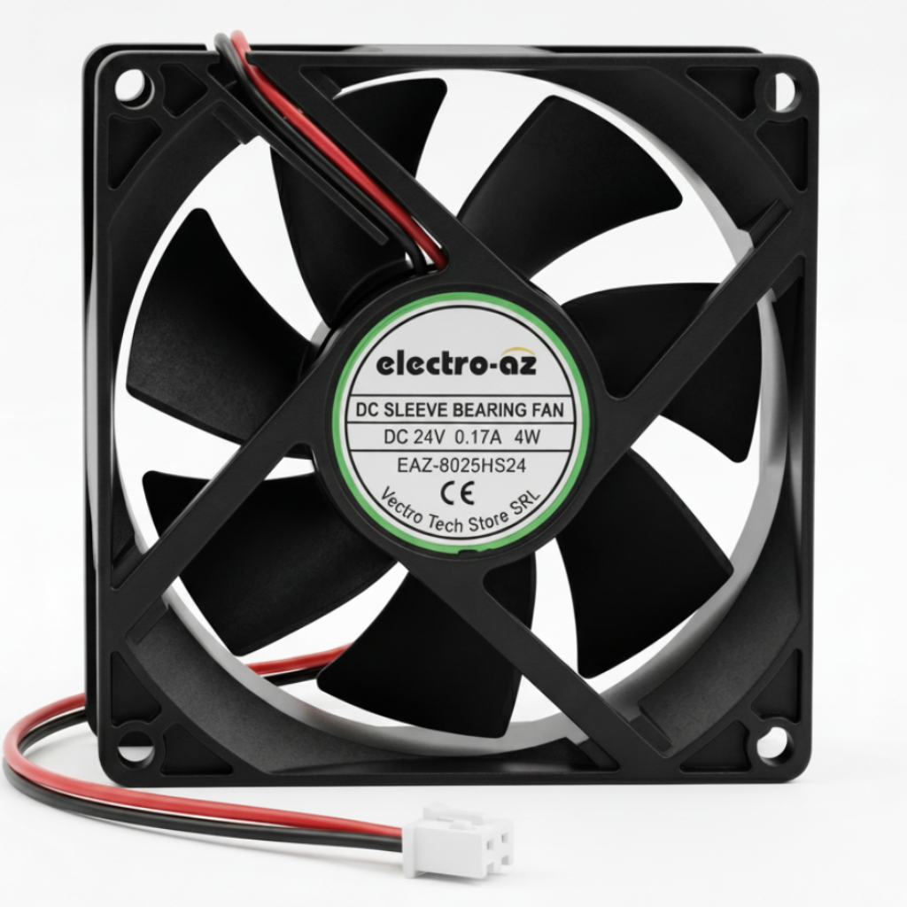 Ventilator DC 24V cooler 80x80x25mm 4W cu lagar sleeve, cablu bipolar cu mufa, carcasa ABS neagra