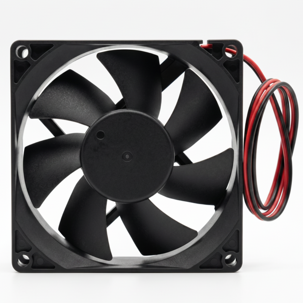 Ventilator cooler 80mm 24V DC vedere frontala, pale aerdinamice si cadru cu orificii de montaj