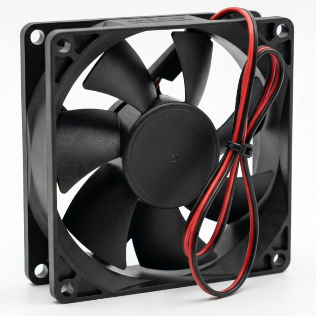 Ventilator cooler 80x80x25mm vedere spate, pale si cablu rosu-negru in evidenta