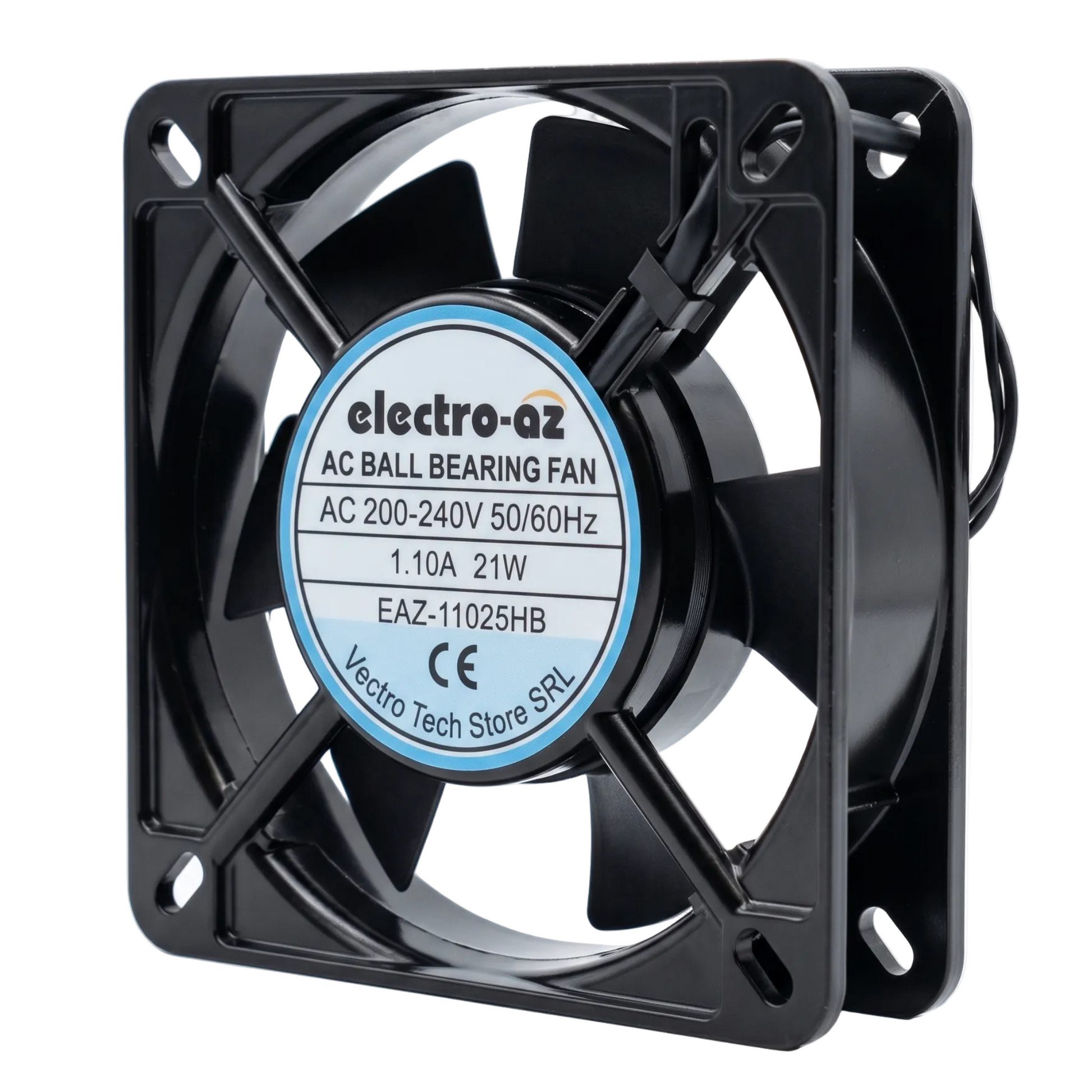 Ventilator industrial cu rulmenti 21W, 220V, carcasa metalica neagra, vedere laterala in unghi