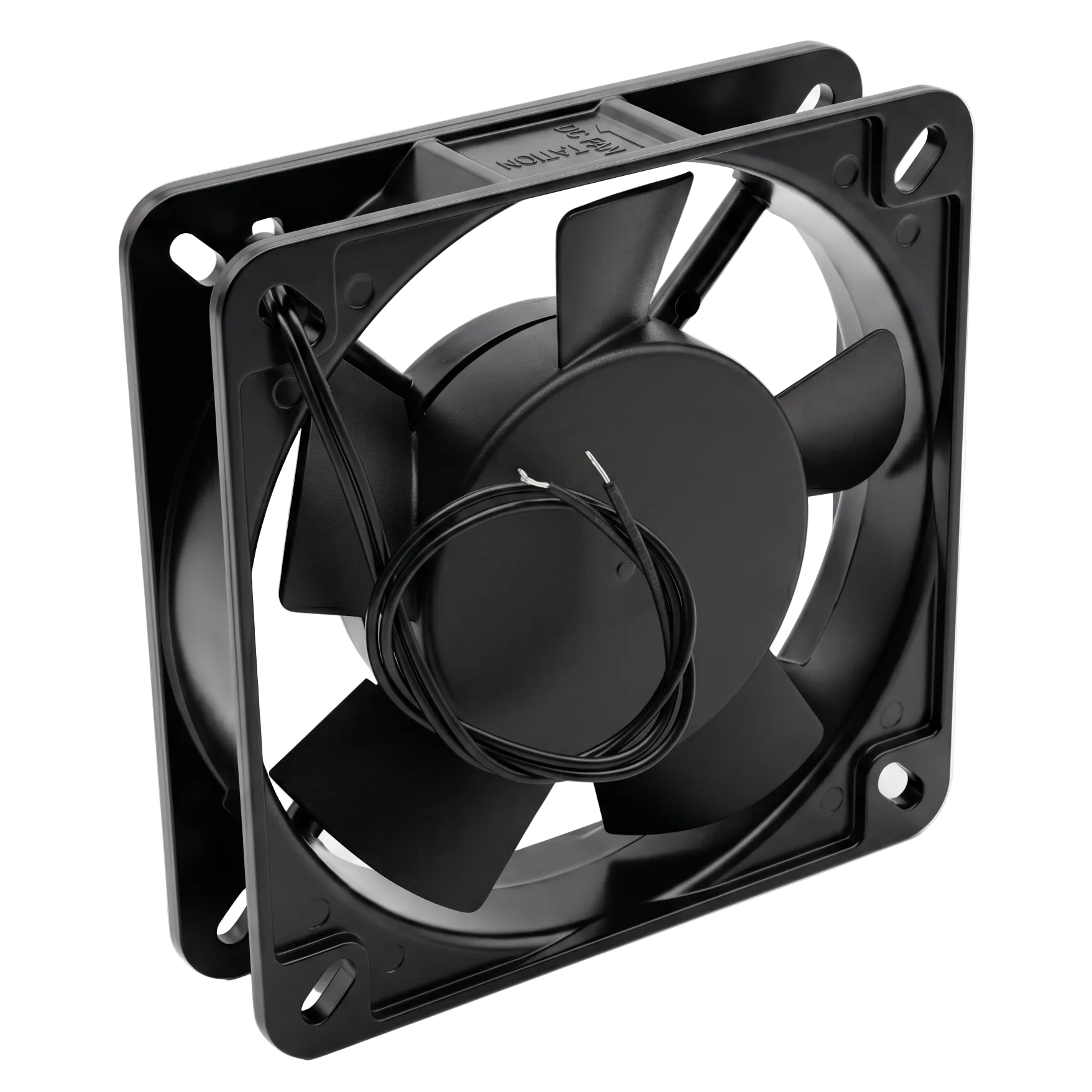 Ventilator axial metalic 120mm, vedere din spate cu cabluri de alimentare libere si pale vizibile