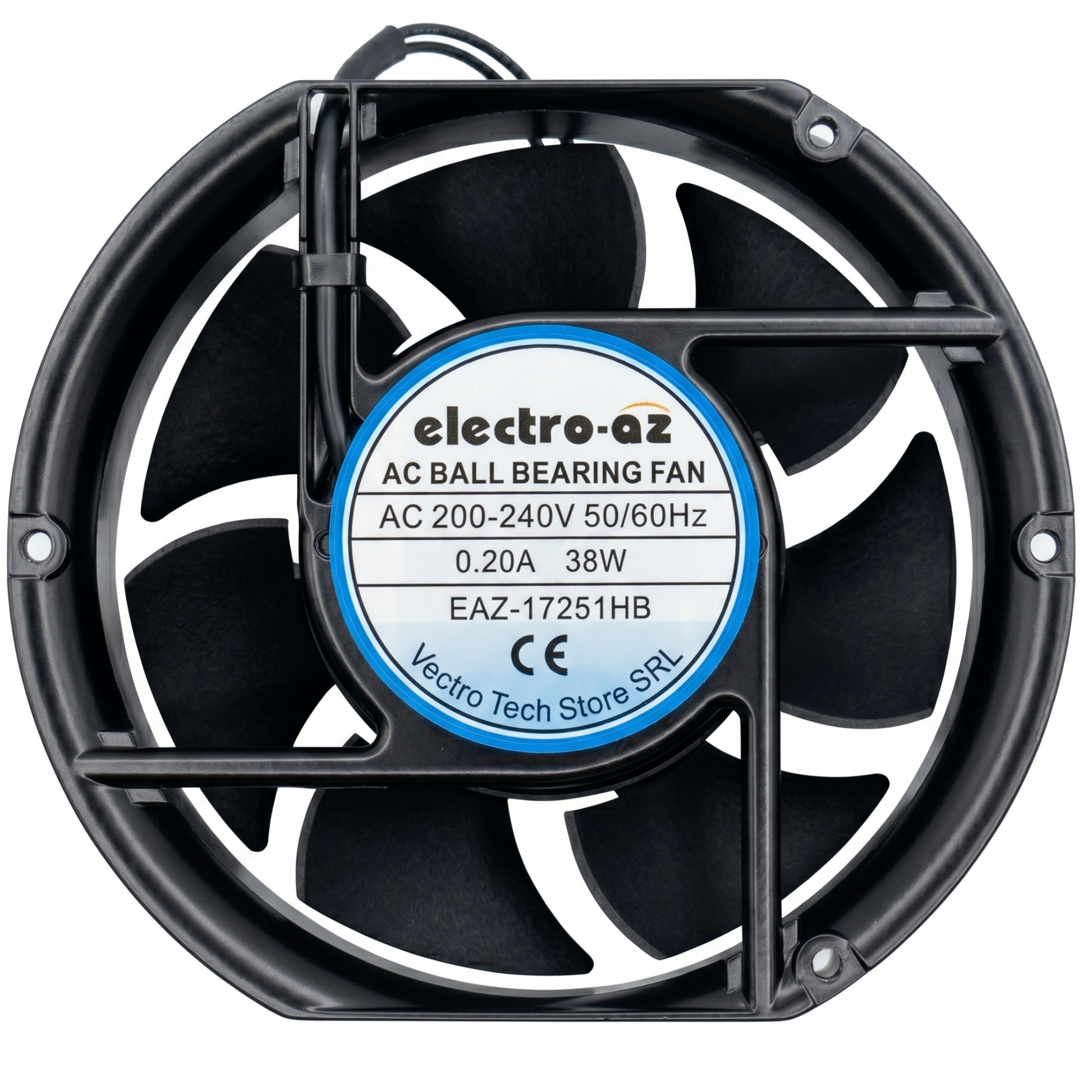 Ventilator axial metalic cu rulmenti 38W, 220V AC, 172x51mm, vedere frontala cu pale si eticheta tehnica