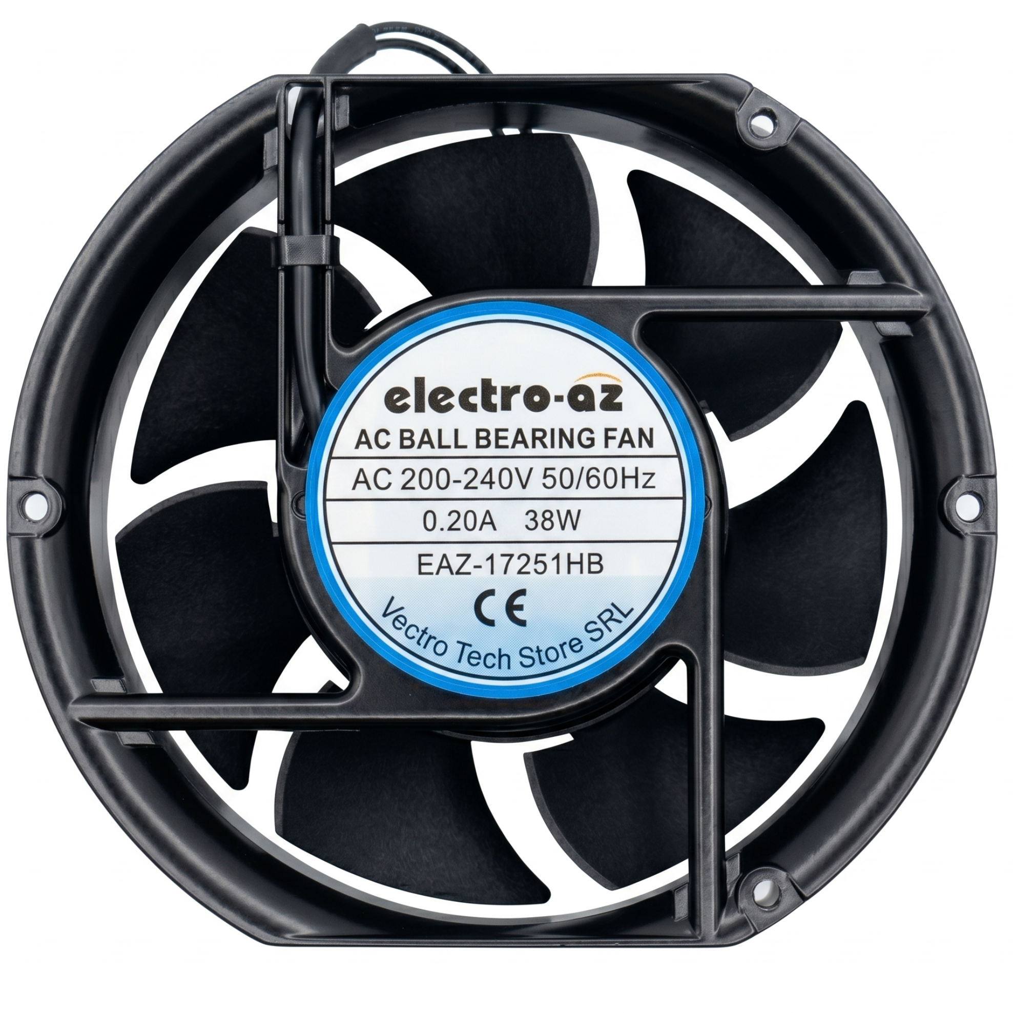 Ventilator axial metalic cu rulmenti 38W, 220V AC, 172x51mm, vedere frontala cu pale si eticheta tehnica