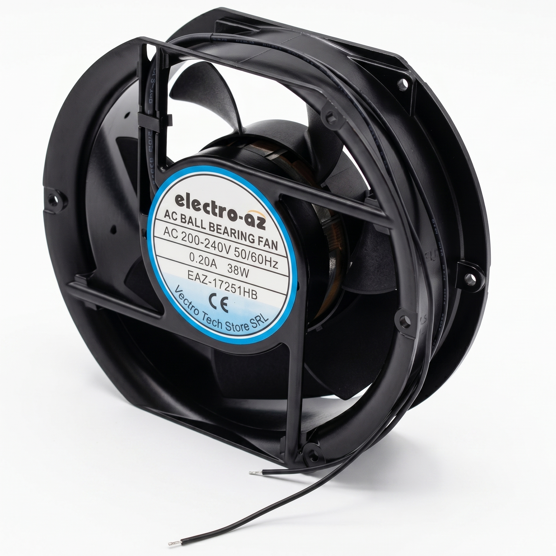 Ventilator industrial cu rulmenti 38W, 220V AC, perspectiva laterala cu fire de alimentare vizibile