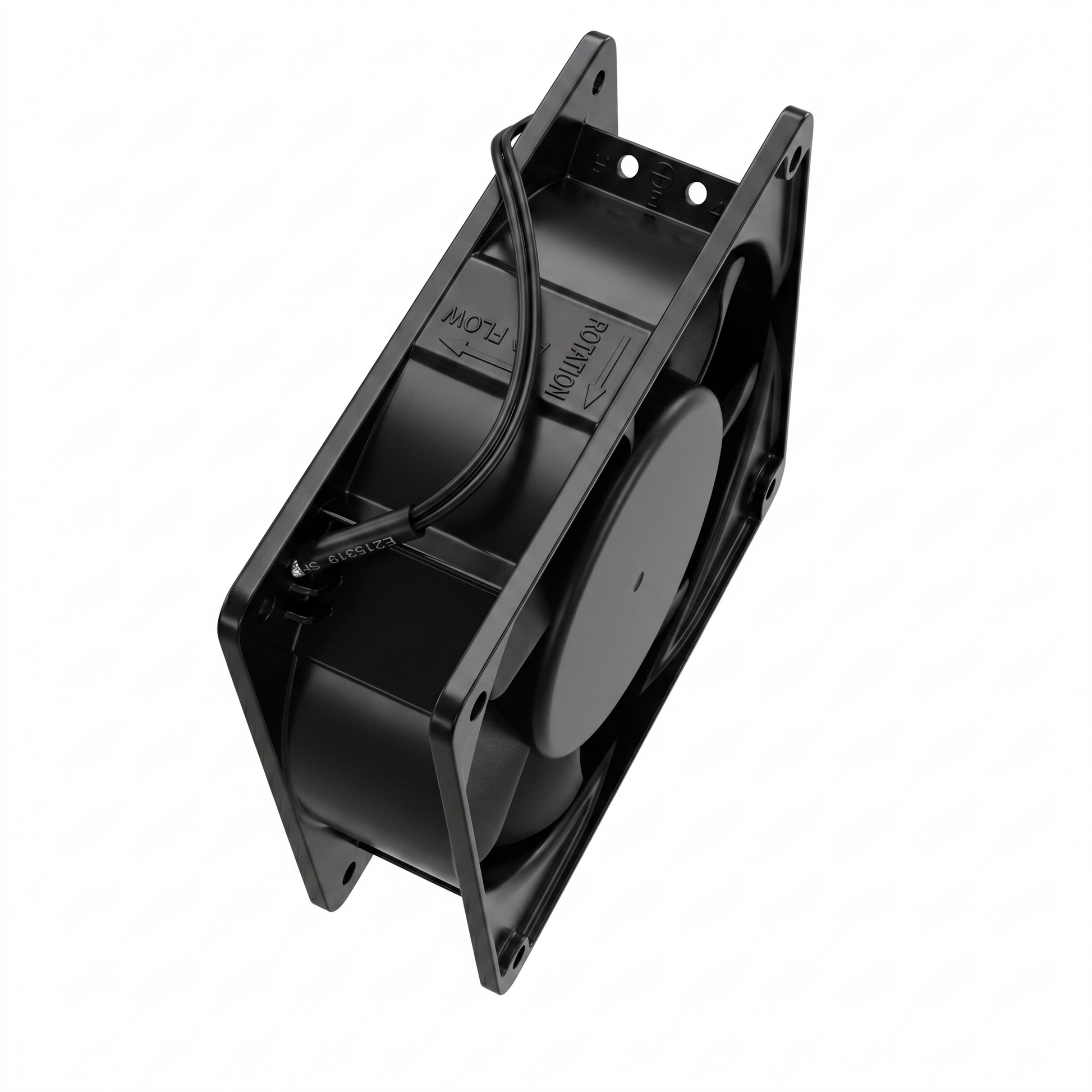 Ventilator metalic 8.4W cu marcaje FLOW si ROTATION pe carcasa, vedere lateral-spate