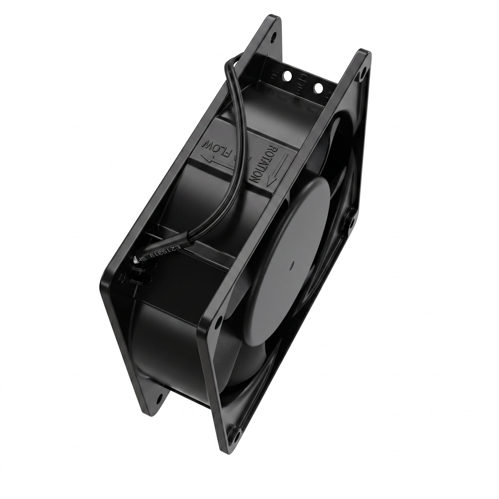 Ventilator metalic 8.4W cu marcaje FLOW si ROTATION pe carcasa, vedere lateral-spate