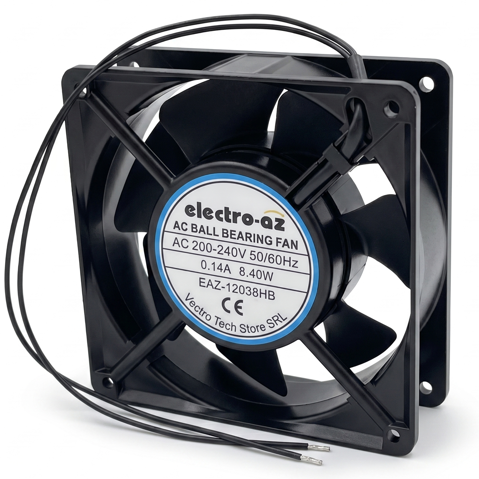 Ventilator metalic AC 220V cu fire de conectare vizibile, vedere laterala in unghi