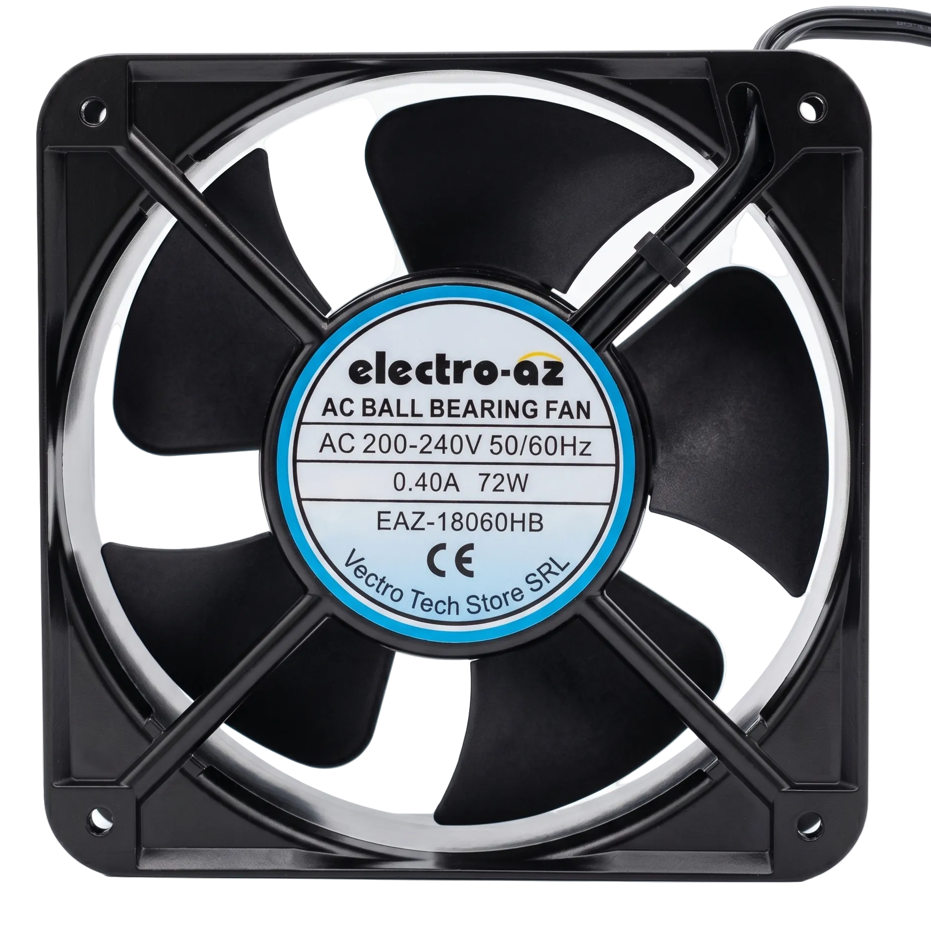 Ventilator metalic cu rulmenti 72W, 220V AC, 180x180x60 mm, cadru patrat negru cu grila frontala