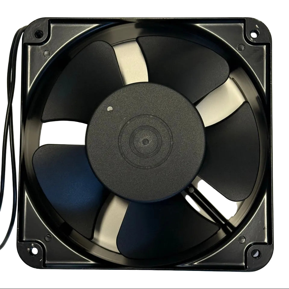 Ventilator AC 220V cu rulmenti, vedere frontala pale metalice fara grila de protectie