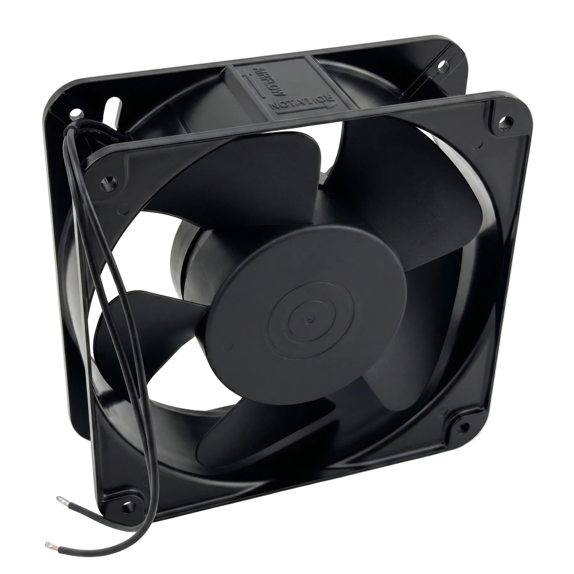 Ventilator metalic 180x180 mm, vedere spate cu pale si indicatoare directie airflow