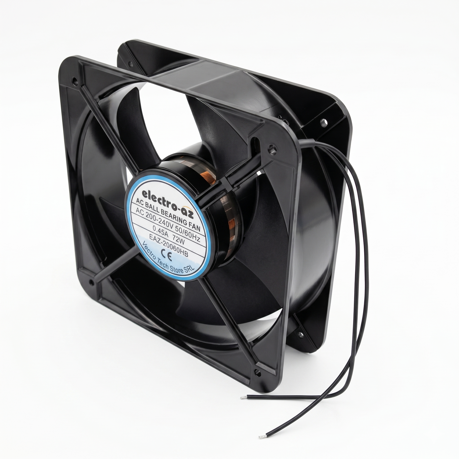 Ventilator axial metalic 72W 220V cu fire de conexiune vizibile, vedere laterala in perspectiva