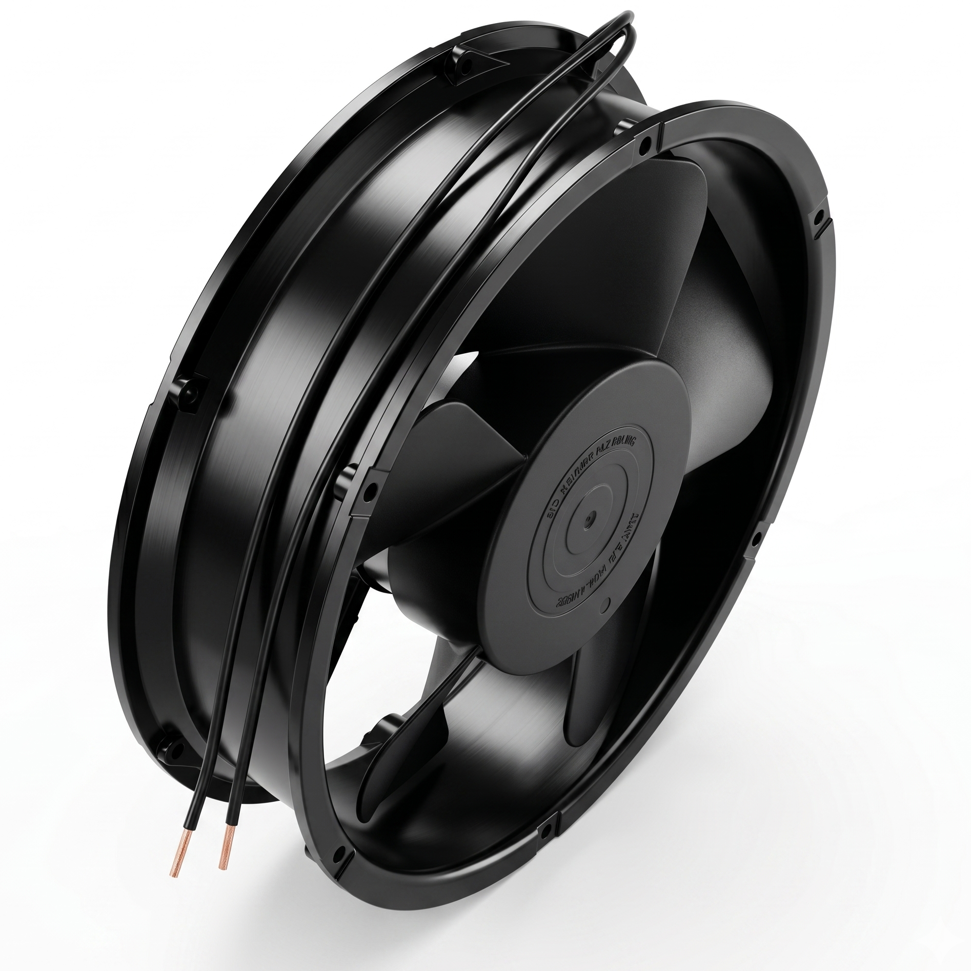 Ventilator axial industrial 72W, carcasa metalica robusta, vedere laterala in unghi cu fire de conectare
