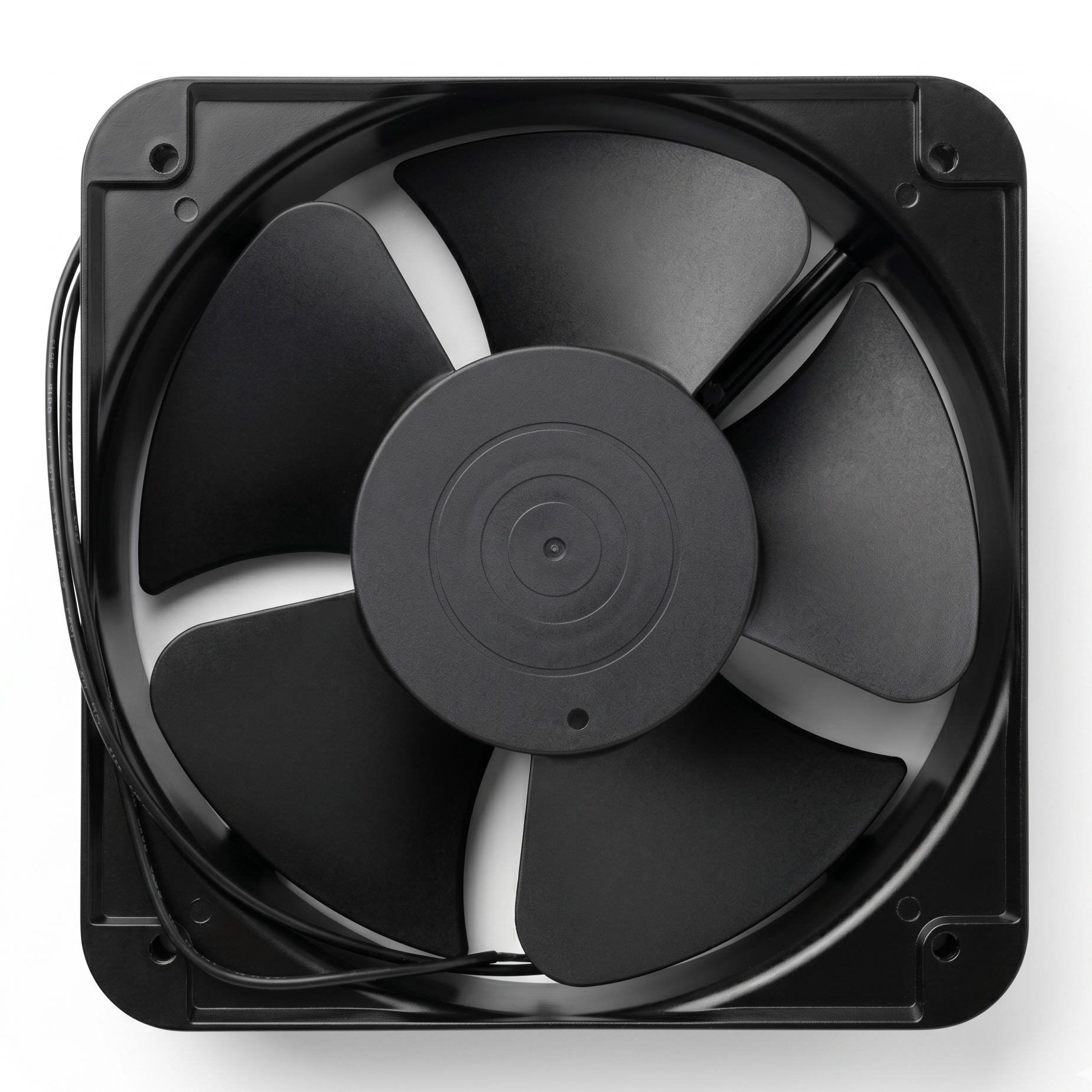 Ventilator metalic AC 220V 72W, vedere frontala fara grila, pale negre in cadru patrat