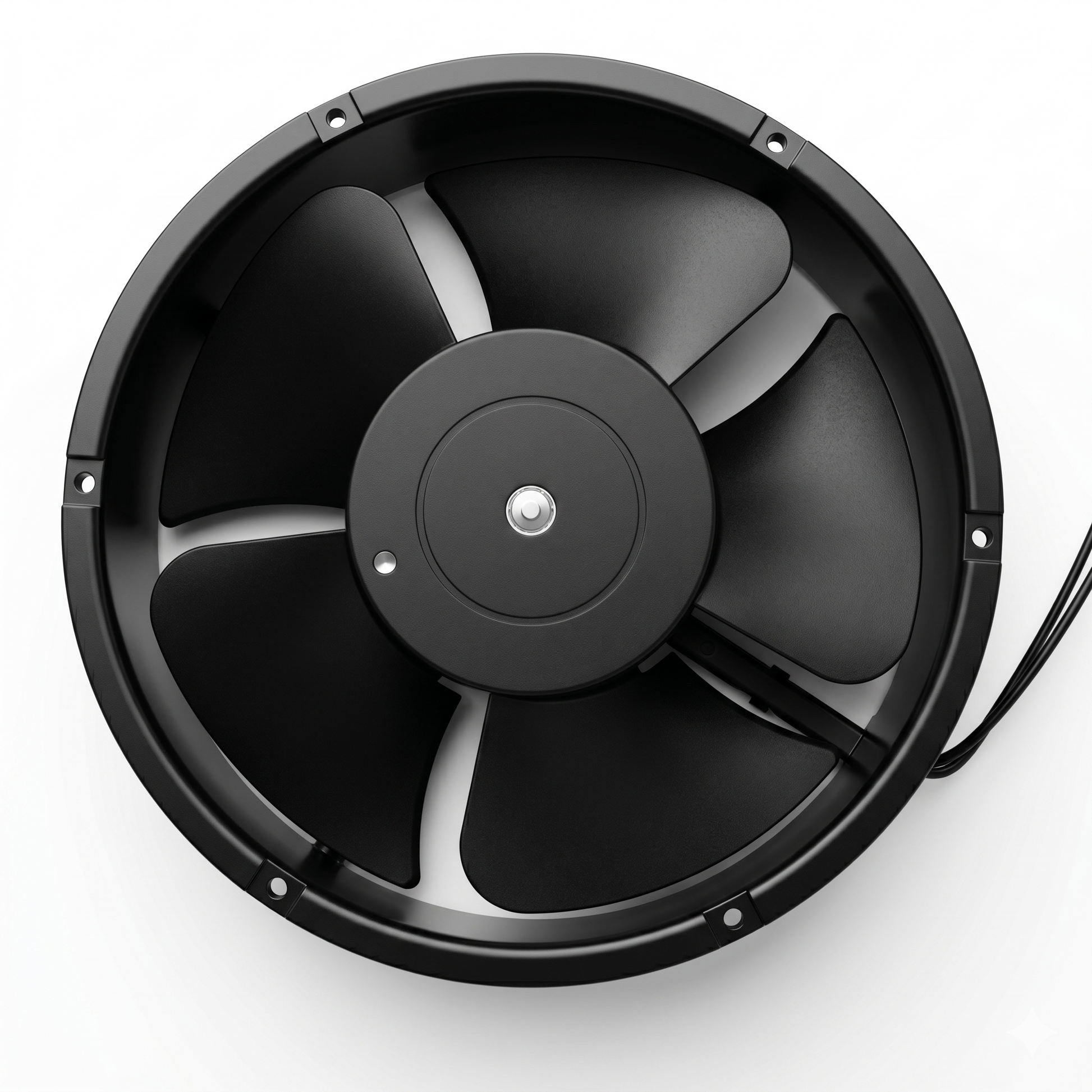 Ventilator axial 220V, vedere de sus cu palele si butucul central, carcasa rotunda din metal