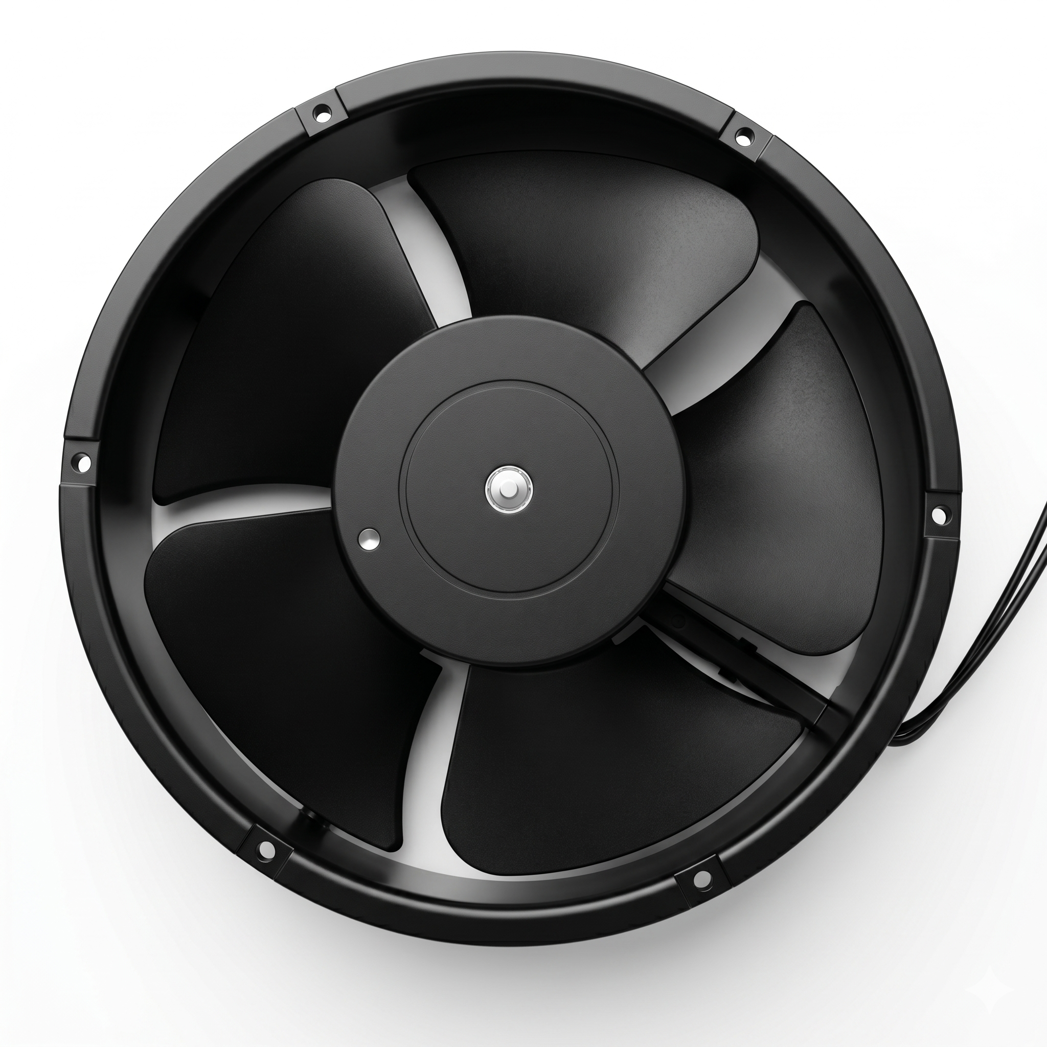 Ventilator axial 220V, vedere de sus cu palele si butucul central, carcasa rotunda din metal