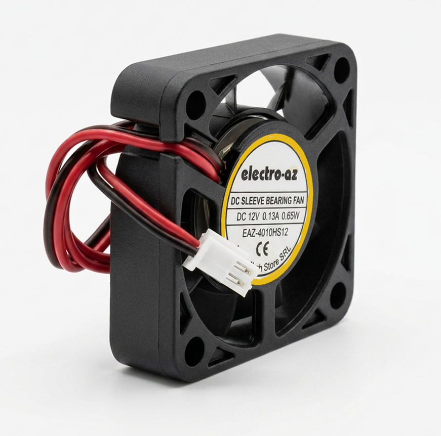 Ventilator cooler DC 12V 40mm vedere laterala diagonala cu cablu rosu-negru si conector alb