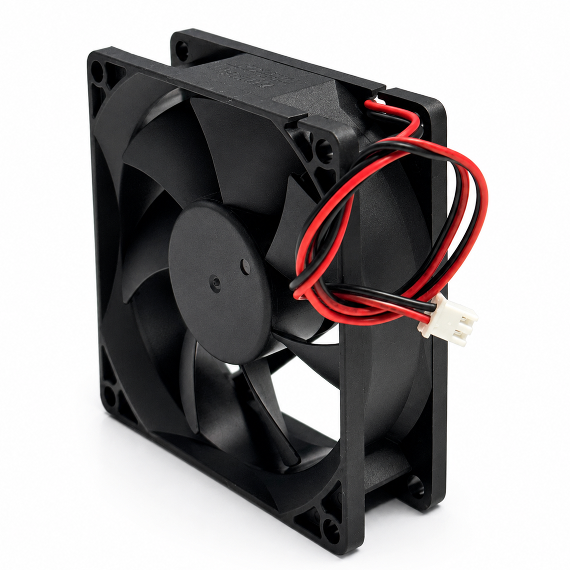 Ventilator DC 12V 80x80x25 mm, vedere spate cu pale si conector 2 pini vizibil