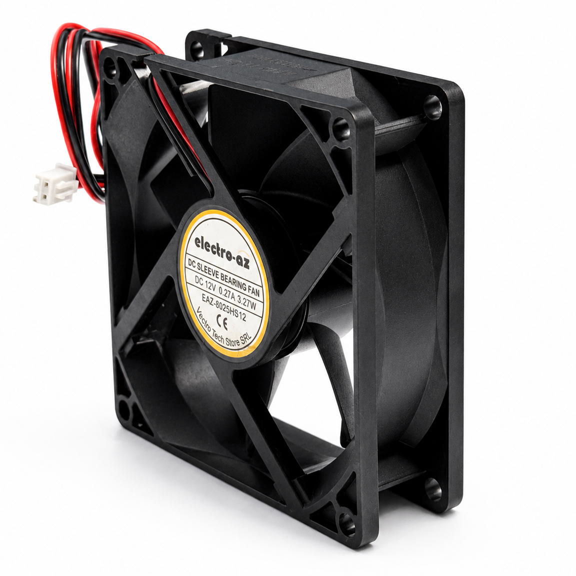 Ventilator DC cooler 80mm vazut din unghi lateral, cu cablu bifilar rosu-negru si mufa 2 pini