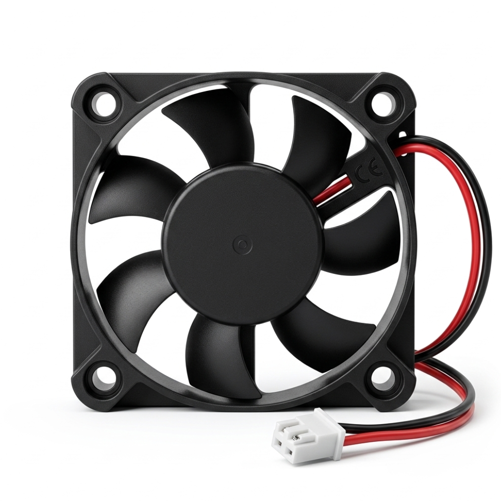 Ventilator cooler DC 12V 50x50mm, vedere frontala cu cablu rosu-negru si conector alb
