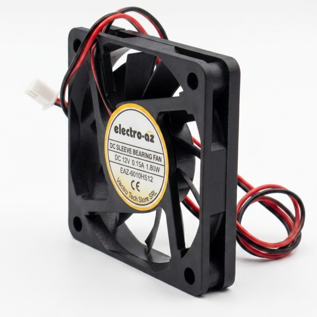 Ventilator DC cooler 60x60 mm vedere laterala oblica, cablu bicolor rosu-negru si conector alb