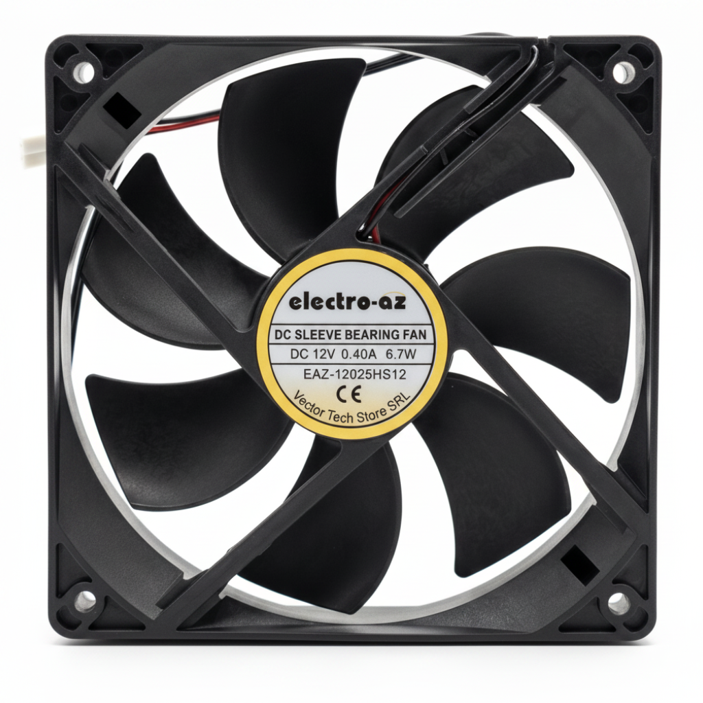 Ventilator DC 12V 120x120x25mm 6.7W sleeve bearing, cooler ABS negru cu 9 pale si conector 2 pini