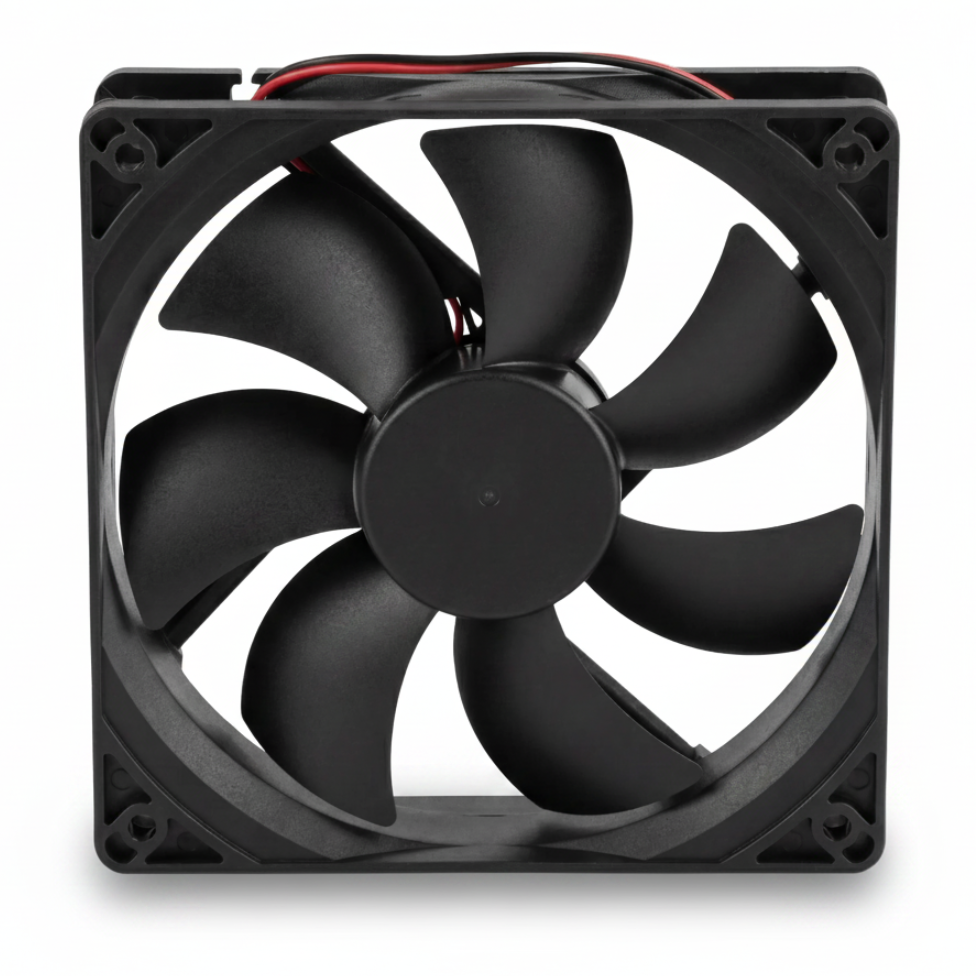 Ventilator cooler 120x120mm 6.7W, vedere frontala fara eticheta, pale aerodinamice negre