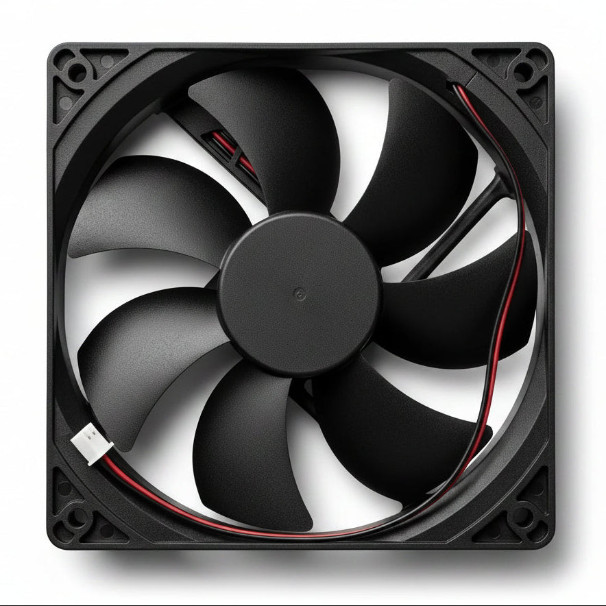 Ventilator cooler DC 12V 120mm, vedere de sus cu pale mari si cablu rosu-negru spre conector