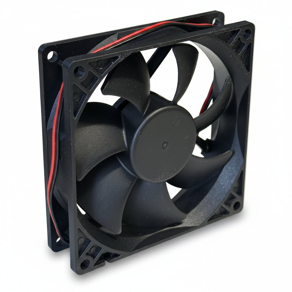 Ventilator DC 92mm vedere din spate cu pale si motor central, cablu rosu-negru