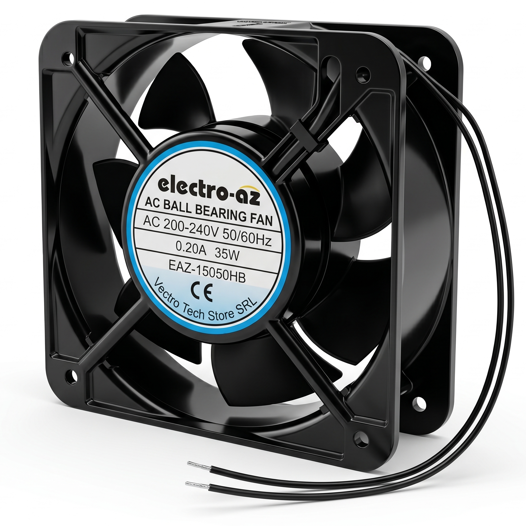 Ventilator industrial 35W AC 220V cu rulmenti, vedere laterala cu fire de alimentare vizibile