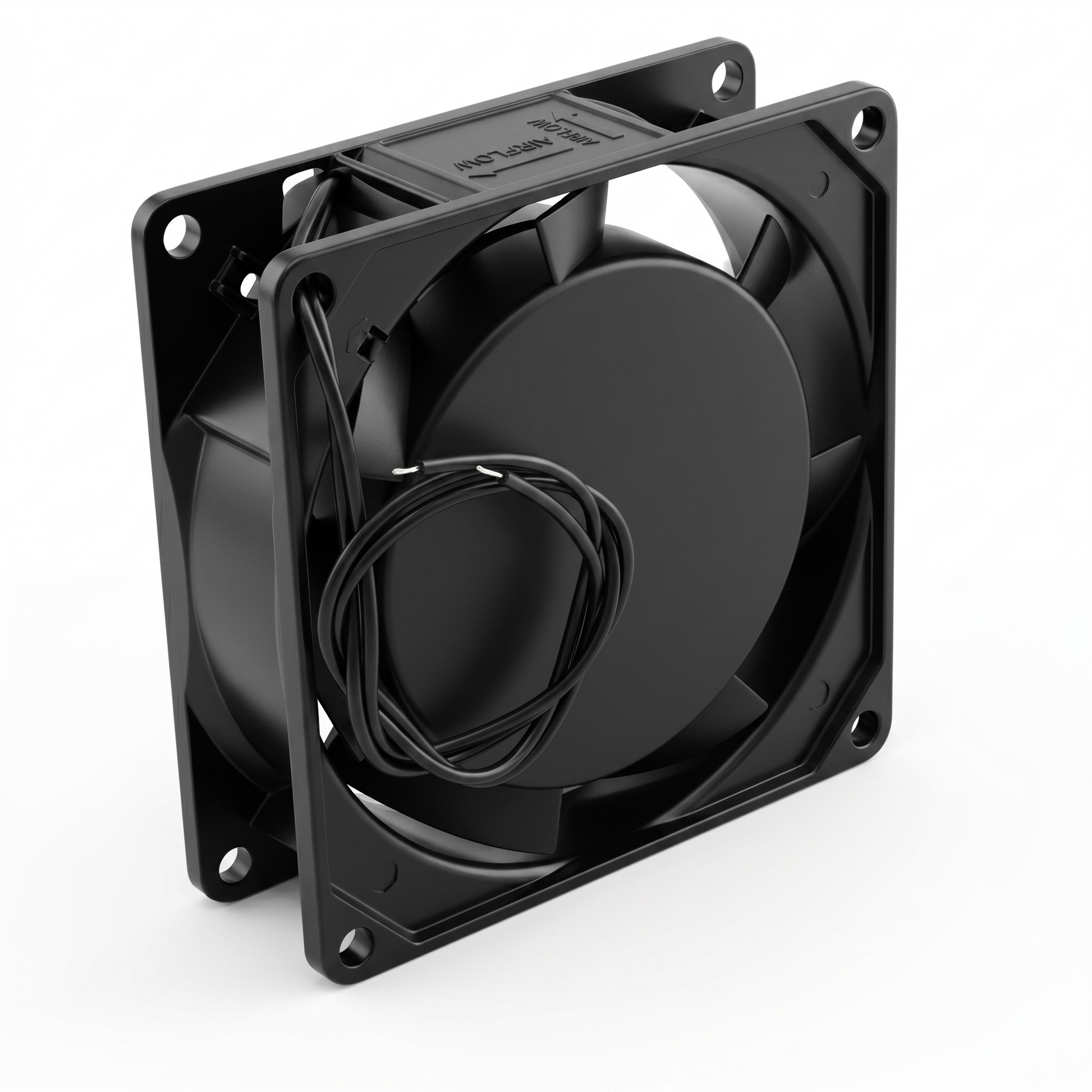 Ventilator cu rulmenti 80x80 mm, vedere din spate cu pale si indicator directie flux de aer