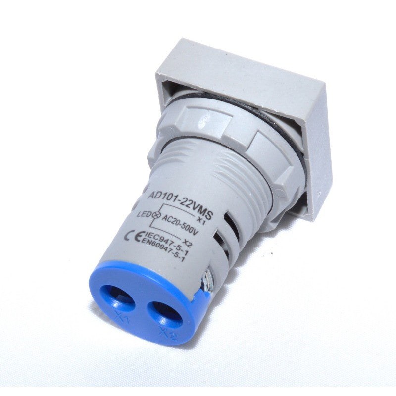 Voltmetru digital patrat 22mm, vedere spate cu terminale de conectare si filet de fixare