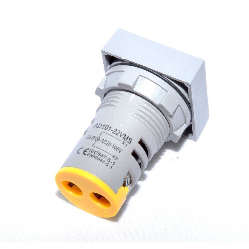 Voltmetru digital patrat 22mm, vedere spate cu borne de conectare si prindere cu surub