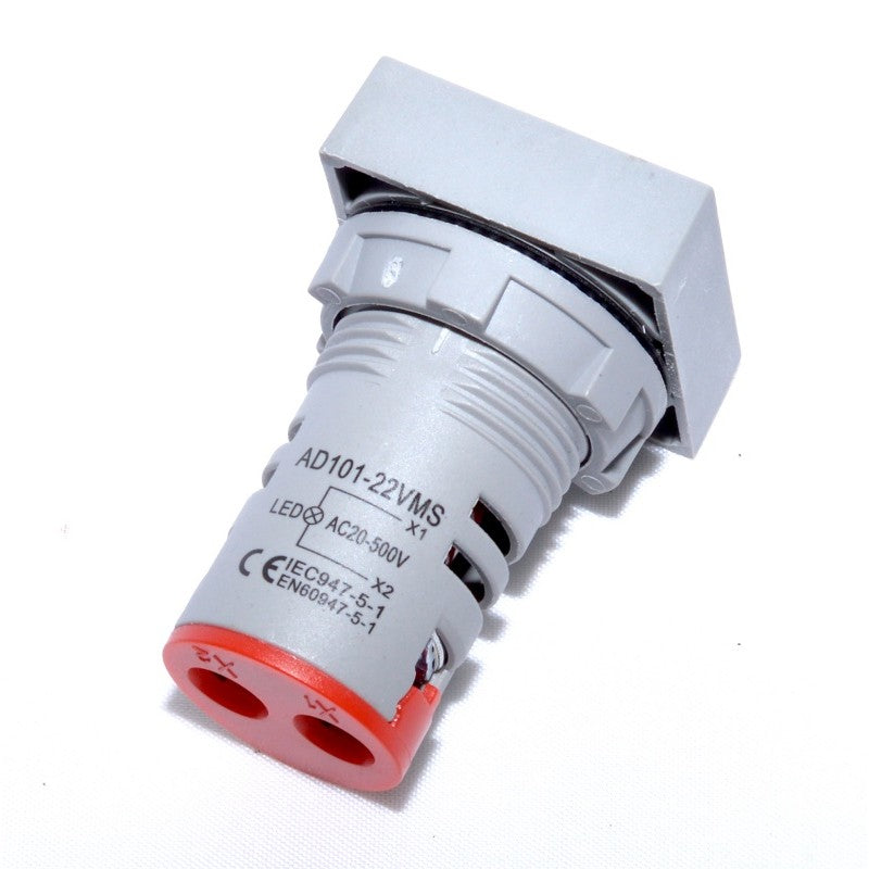 Voltmetru digital patrat 22mm, vedere spate cu borne de conectare si filet de prindere