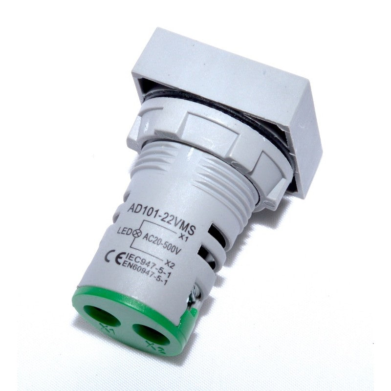 Voltmetru digital patrat, vedere spate cu conexiuni AC si filet de prindere 22mm