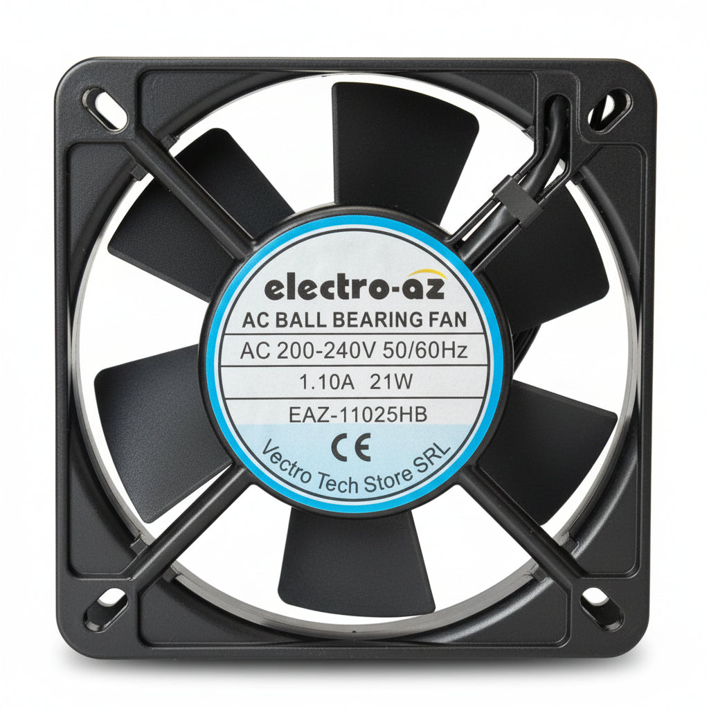 Ventilator metalic cu rulmenti 110x110x25 mm, AC 220V 21W, cadru patrat negru cu pale axiale