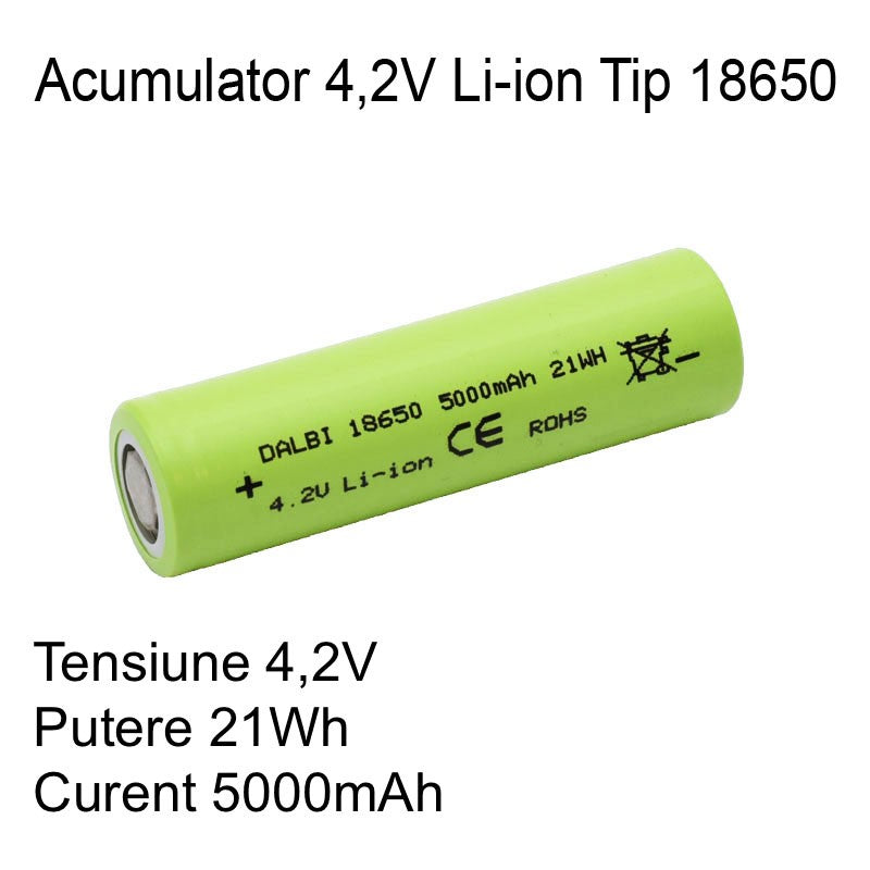 Acumulator Li-Ion tip 18650, 4.2V, 5000mAh, 21Wh, reincarcabil, certificat CE si RoHS