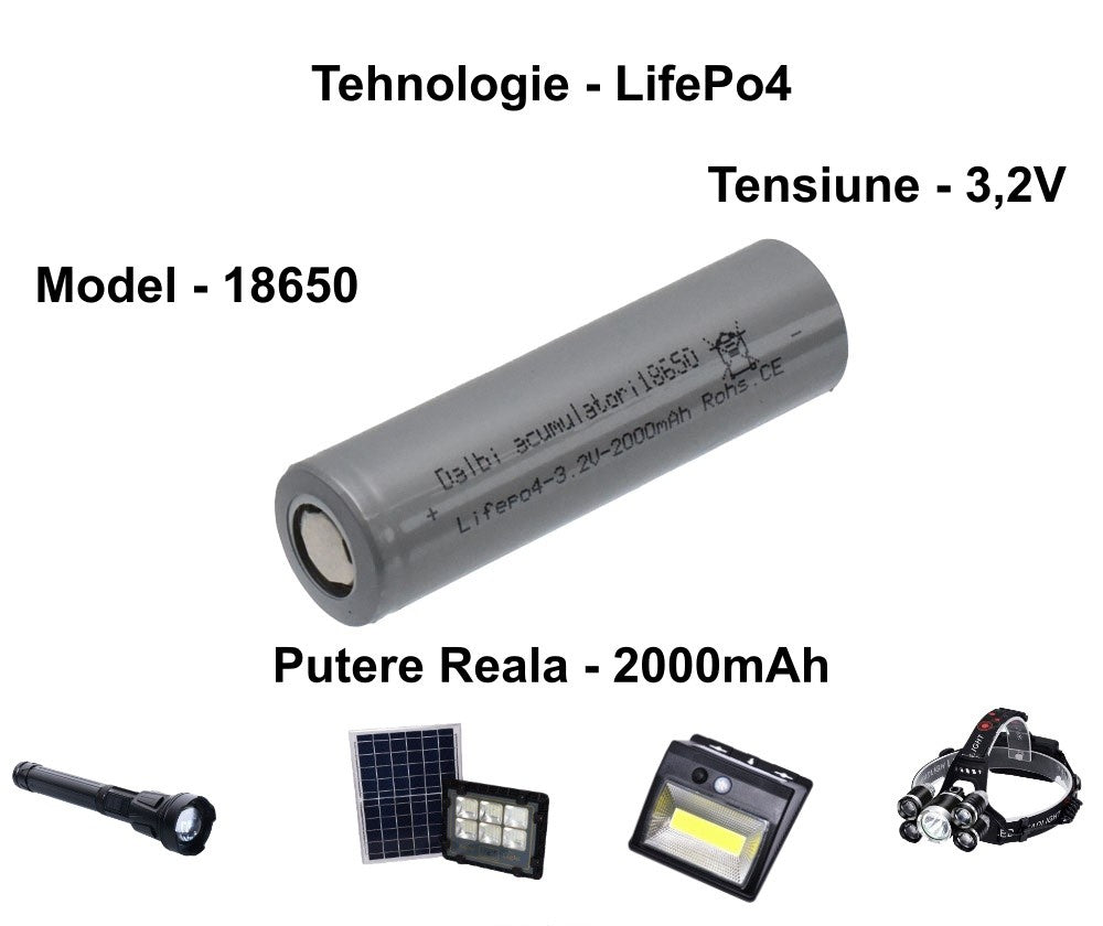 Acumulator LiFePO4 18650 3.2V compatibil cu lampi solare, proiectoare LED si lanterne
