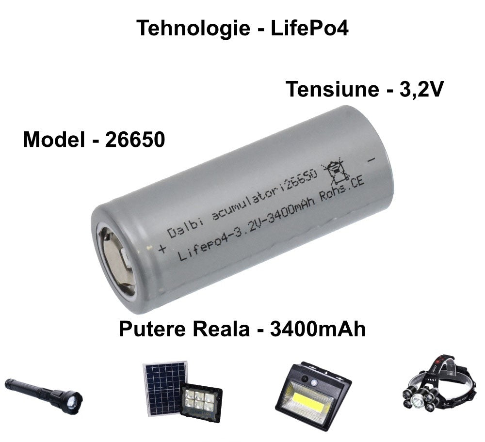 Acumulator 26650 LiFePO4 3.2V, 3400mAh, compatibil proiectoare solare, lanterne si lampi cu senzor