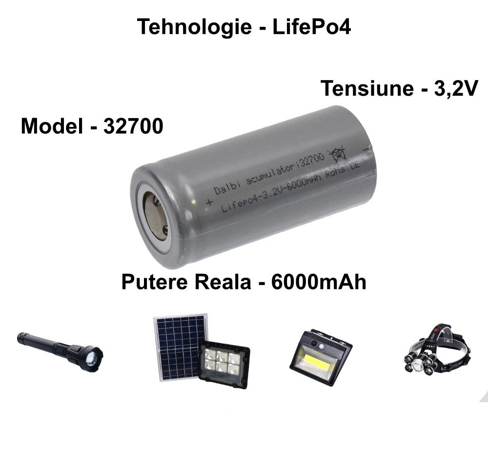 Acumulator LiFePO4 32700, 6000mAh, 3.2V, compatibil cu proiectoare solare, lanterne si frontale LED