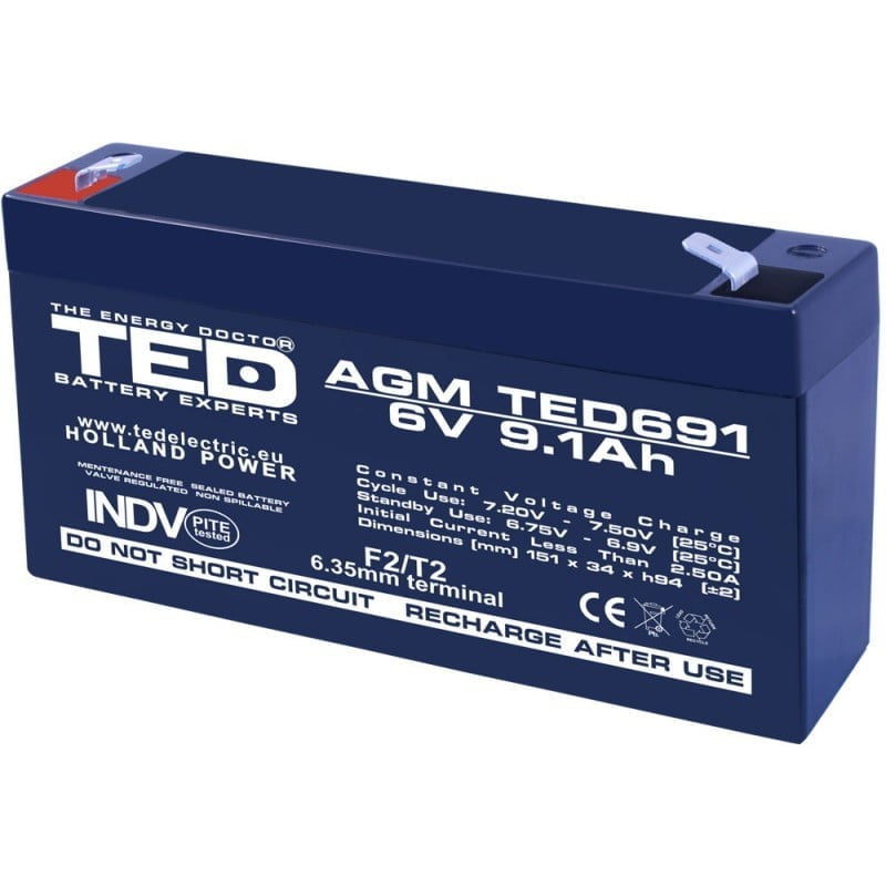 Acumulator plumb-acid AGM 6V 9.1Ah, terminal F2/T2, pentru sisteme solare si iluminat de urgenta