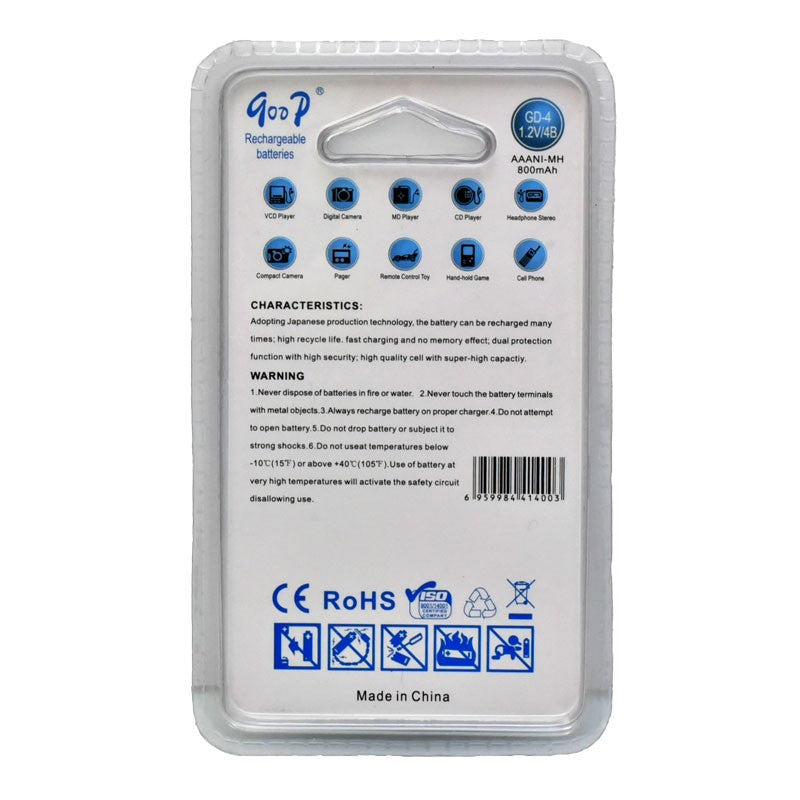 Acumulatori AAA 800mAh Ni-MH, spatele ambalajului cu certificari CE RoHS si compatibilitati