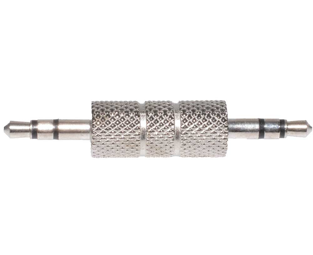 Adaptor jack 3,5mm tata-tata, vedere laterala simetrica, corp metalic striat