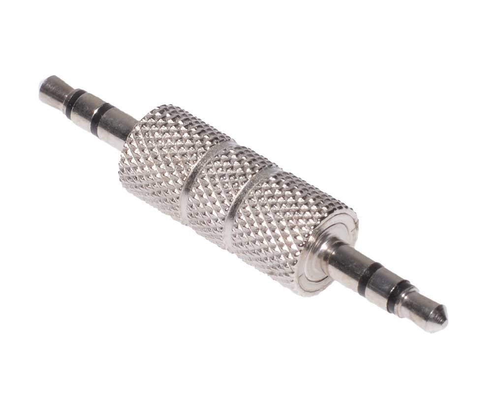 Adaptor jack 3,5mm tata-tata, unghi lateral, detaliu corp metalic striat compact