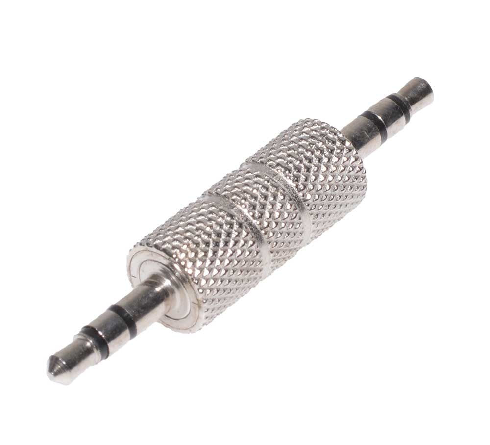 Adaptor jack 3,5mm tata-tata metalic, carcasa knurled argintie, stereo TRS, vedere diagonala