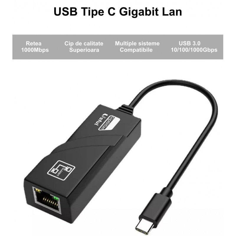 Adaptor USB Tip C la LAN Gigabit, retea 10/100/1000Mbps, carcasa compacta neagra