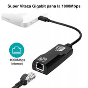 Adaptor USB-C la Ethernet Gigabit 1000Mbps, port RJ45, compatibil laptop si tableta