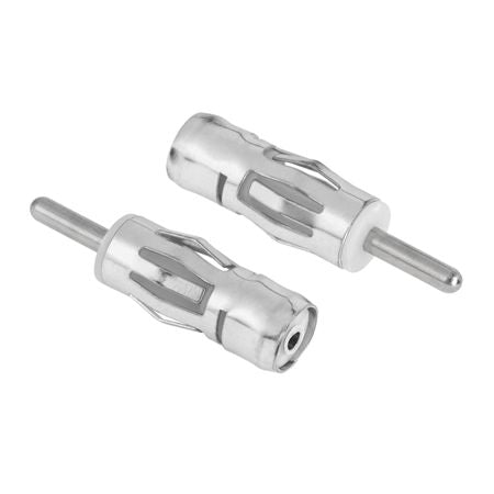 Conector antena auto, vedere laterala, corp metalic argintiu cu pin central