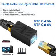 Cupla RJ45 UTP mama-mama CAT5A/CAT6A pentru prelungire cablu Ethernet, viteza 1Gbps, carcasa ABS neagra
